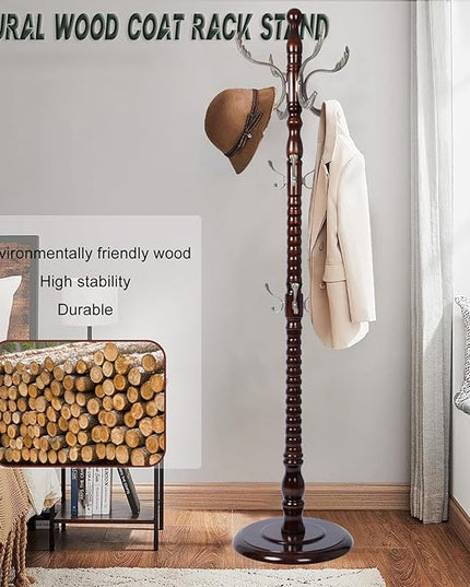 73" Wooden Coat Rack Stand,Coat Racks Freestanding With 14 Hooks And Solid Round Base Heavy Duty Adjustable Height Hall Tree Coat Rack for Entryway Hallway Foyer Office Bedroomf (Mahogany metal)