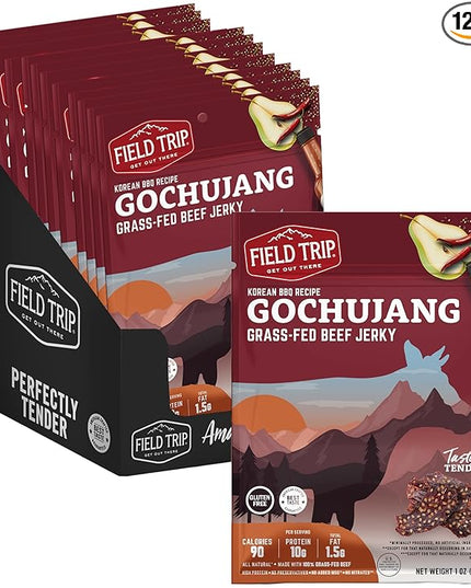 Field Trip Grass Fed Beef Jerky, Healthy Gluten Free Snacks, All Natural, Paleo-Friendly Beef Jerky, High Protein, Low Carb Snack with No Nitrates, 1oz Bag, 12 Pack, Gochujang Korean BBQ