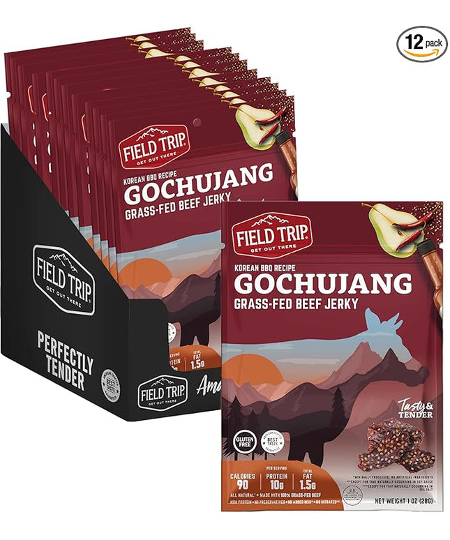 Field Trip Grass Fed Beef Jerky, Healthy Gluten Free Snacks, All Natural, Paleo-Friendly Beef Jerky, High Protein, Low Carb Snack with No Nitrates, 1oz Bag, 12 Pack, Gochujang Korean BBQ