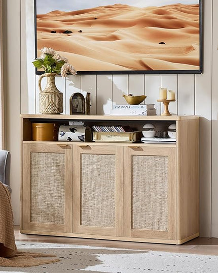 LEYAOYAO Rattan Sideboard Buffet Cabinet,45" Coffee Bar Cabinet with 3 Doors & Open Storage Shelf,Modern Credenza Console Table for Living Room Rattan Farmhouse entryway Natural