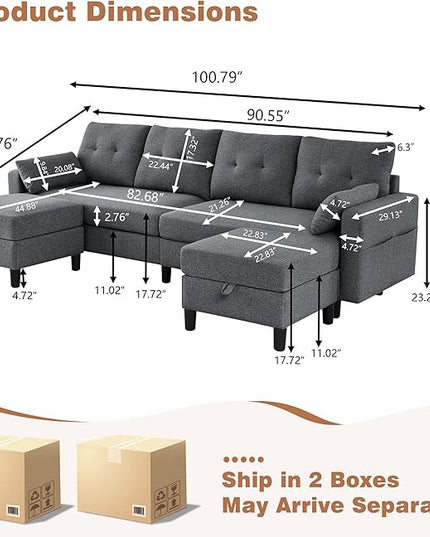 101" Sectional Sofa 4 Seat U Shaped Couch with Storage Ottoman for Living Room, Reception Room ect, Combination Sectional Couch with Movable Ottoman Sets, Darkgrey