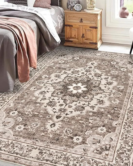 Washable Oriental Area Rug - 3x5 Rugs for Living Room Soft Carpet for Bedroom Waterproof Floral Distressed Indoor Stain Resistant Non-Shedding Floor Carpets (Beige, 3X5)