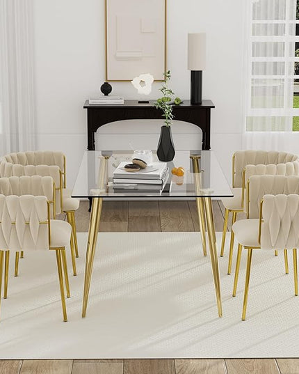 Gold Glass Dining Room Table Set for 4, 51'' Modern Luxury Rectangular Dinner Table Set, 5 PCS Clear Glass Top Minimalist Kitchen Table Set, Ivory Woven Dining Chair for Home Small Place