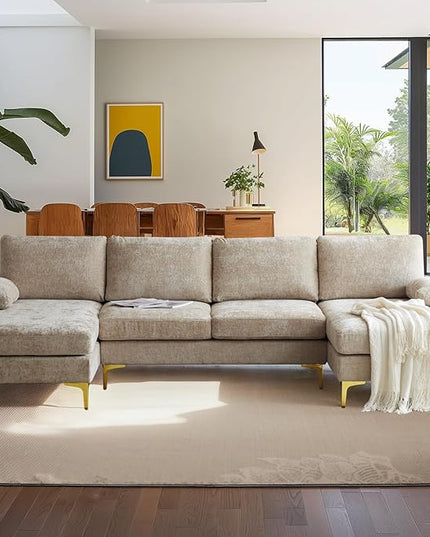 VINGLI 110" Large U-Shape Sectional Sofa Couch with 51" D Double Chaise for Living Room, Modern Sectional Couch Set with Soft 5.9" Thickness Seating Padding, Chenille Fabric,Metal Gold Legs(Khaki)