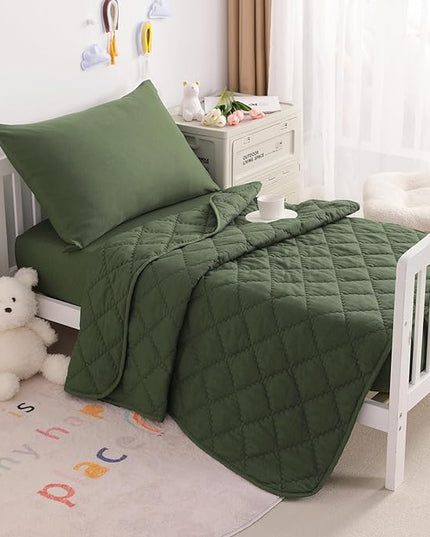 NTBAY Toddler Bedding Set - 4 Piece Soft and Breathable Crib Bedding Set for Boys and Girls, Includes Quilted Comforter, Fitted Sheet, Flat Top Sheet and Envelope Pillowcase, Olive Green