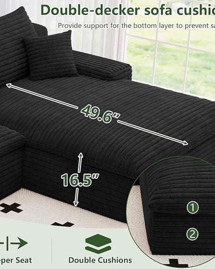 107" Cloud Couch Modular Sectional Sofa for Living Room, U-Shape Boneless Couch with Deep Seat, Modern Corduroy 3-Seater with Ottoman, No Assembly Required (Black,Right-Facing Chaise)