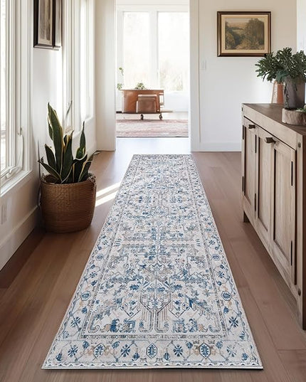 jinchan Lima Runner Rug 2x12 Long Hallway Runner Rug Thin Vintage Washable Kitchen Carpet with Rubber Backing Floral Print Floor Cover Indoor Laundry Room Bedroom Stairway (2x12ft, Blue)