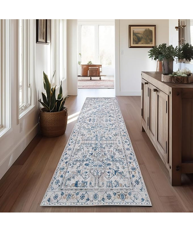 jinchan Lima Runner Rug 2x12 Long Hallway Runner Rug Thin Vintage Washable Kitchen Carpet with Rubber Backing Floral Print Floor Cover Indoor Laundry Room Bedroom Stairway (2x12ft, Blue)