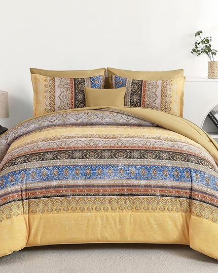Cottolester Boho King Size Comforter Set 8 Pieces, Yellow Bohemian Striped Bed in a Bag, Paisley Soft Microfiber Bedding Comforter Set