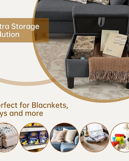 Convertible Sectional Sofa,Modern 4-Seat L Shaped Couch with Storage Ottoman,Linen Fabric Sofa Set for Living Room, Dark Gray