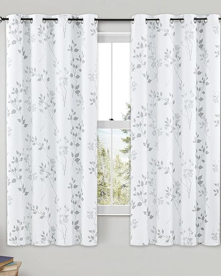 Beauoop Floral 100% Blackout Curtains 54 Inch Length 2 Panels for Bedroom Living Room Grey White Flower Patterned Room Darkening Thermal Insulated Soundproof Grommet Window Treatments Drapes, 52X54