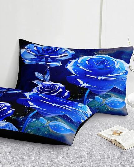 Merryword 8 Pcs Bed in a Bag Blue Rose Comforter Set Queen Size Rose Flower Bedding Set Romantic Love Valentine Bedding Comforter Set