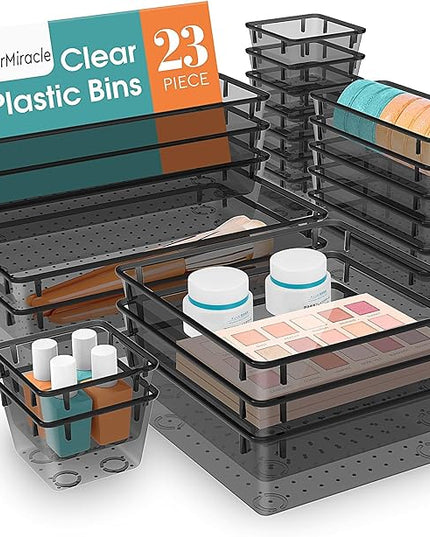 23 PCS Drawer Organizer Set, 5 Varied Size Bathroom and kitchen Drawer cabinet organizer Trays, Clear Storage Bins for Makeup, Jewelry, Utensils and Gadgets, Black