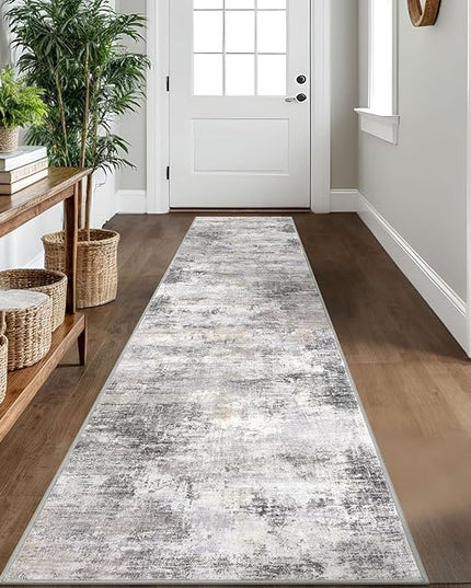 IOHOUZE Abstract Runner Rug 2x10 Ft Washable Runners for Hallways, Non Slip Kitchen Runner Printed Faux Wool Entryway Runner Indoor, Modern Abstract Floor Carpet for Hall Kitchen, Grey Beige
