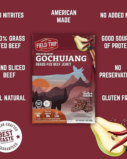 Field Trip Grass Fed Beef Jerky, Healthy Gluten Free Snacks, All Natural, Paleo-Friendly Beef Jerky, High Protein, Low Carb Snack with No Nitrates, 1oz Bag, 12 Pack, Gochujang Korean BBQ