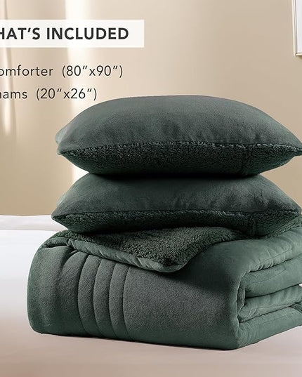 Monbix Fluffy Full Comforter Set Deep Forest, Sherpa Plush Fuzzy Comforter 3 Piece for Full Size Bed, Luxury Soft Winter Warm Bedding Set