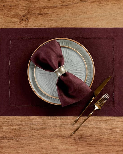 Solino Home Linen Cloth Napkins Set of 4-100% Pure Linen Burgundy Dinner Napkins 20 x 20 Inch for Christmas, Winter, New Year - Classic Hemstitch, Handcrafted and Machine Washable