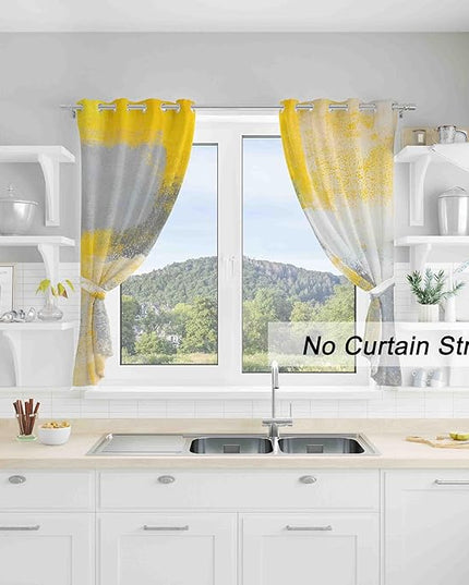 Yellow Window Curtain Yellow Grey Abstract Thermal Insulating Drapes Rust Art Treatment Drapes Modern Curtains for Living Room Bedroom Hotel, 26" x 36", 2 Panels