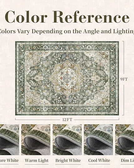 PADOOR-Vintage Area Rug 9X12 Rugs for Living Room-Soft Olive Green Rugs for Bedroom-Machine Washable Rug Non Slip Carpet-Rug for Dining Room Living Room Bedside Office