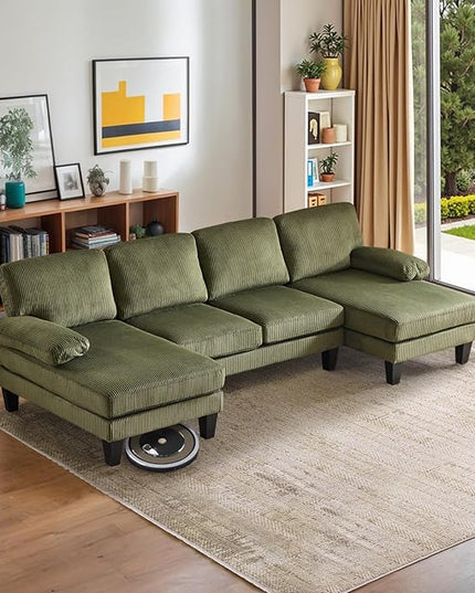 VINGLI 110" Sectional Couches for Living Room,U Shaped Couch with Double Chaise, 4-Seat Sofa Set with Corduroy Fabric for Home Furniture,Green