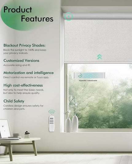 Yoolax Motorized Blinds with Remote, Blackout Remote Shades for Windows, Automatic Roller Shades Cordless Electric Blinds for Bedroom Living Room Office, Custom Size (Fabric Greyish White)