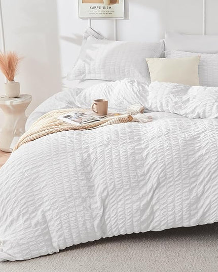 HYMOKEGE White Full Size Comforter Sets Seersucker 7 Pieces, All Season Luxury Bed in a Bag for Bedroom, Bedding Set with Comforters, Sheets, Pillowcases & Shams