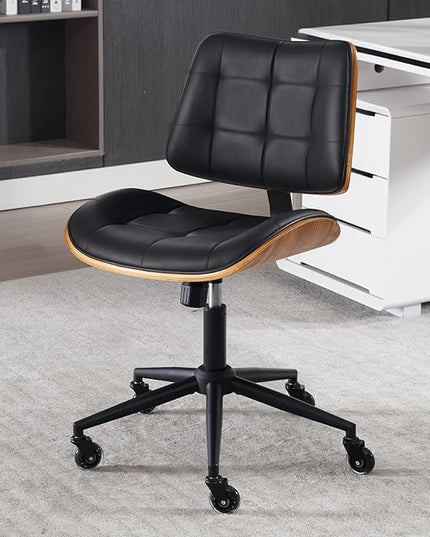 Home Office Desk Chair with Wheels, Adjustable Height Armless Office Chair, PU Leather Mid Back 360° Small Computer Chair, Modern Walnut Chair No Arms for Office, Reading Meeting Room(Black)