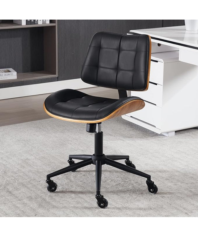 Home Office Desk Chair with Wheels, Adjustable Height Armless Office Chair, PU Leather Mid Back 360° Small Computer Chair, Modern Walnut Chair No Arms for Office, Reading Meeting Room(Black)