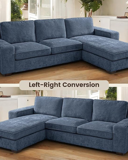 PARKOL 102" L-Shaped Sectional Couch with Storage, Sofa with Reversible Chaise, USB Type-C Charging, Chenille Fabric, Removable Cushion Covers, for Small Space, Apartment, Living Room, Blue