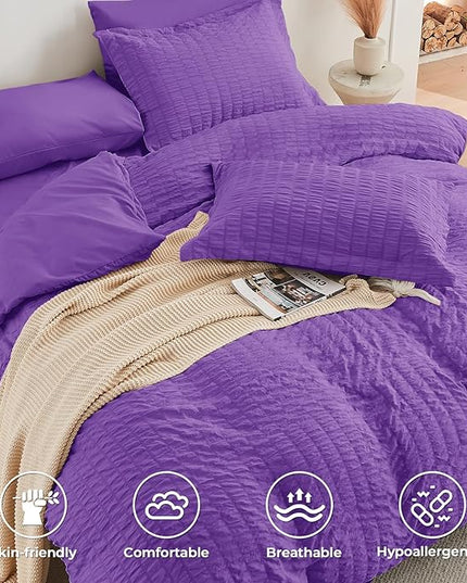 HYMOKEGE Dark Purple Queen Comforter Set Seersucker 7 Pieces, All Season Luxury Bed in a Bag Queen for Bedroom, Bedding Set with Comforter, Sheets, Pillowcases & Shams