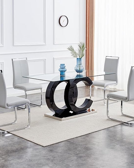 Ebullient Glass Dining Table Set for 4 ，5 Piece Dining Table Set,Tempered Glass Table Top，Modern Dining Room Table with 4 PU Leather Ergonomic Dining Chairs