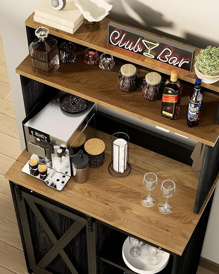 Farmhouse Coffee Bar with 3 Tier Storage Hutch, 56 Inch Small Bar Station with 6 Hooks, Corner Table with Adjustable Shelves for Living Dining Room (Black)