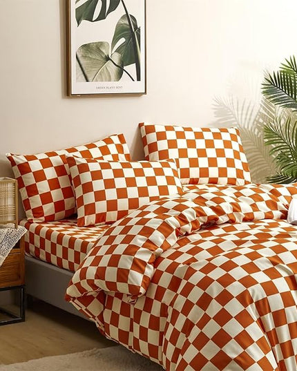 Houseri Burnt Orange Plaid Comforter Set California King Size