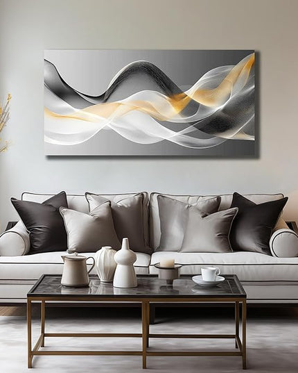 JuhaiArt Abstract Wall Decor Art Gold Canvas Modern Black Picture White Art for Bedroom Office Decoration 24" x 48"