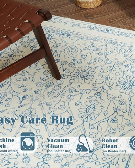 jinchan Hallway Runner Rug 2x8 Washable Kitchen Flora Faux Wool Non-Slip with Rubber Backing Soft Thin Vintage Carpet Runner for Bedroom Bathroom Laundry Room Living Room (2x8ft,Blue)