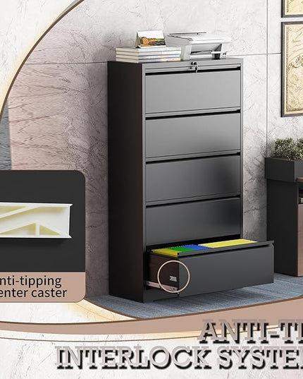 5 Drawer Lateral File Cabinet with Lock, Metal File Cabinet, Lateral File Cabinets for Home Office, Heavy Duty File Storage Cabinet for Legal/Letter/A4 Document, Assembly Required, Black