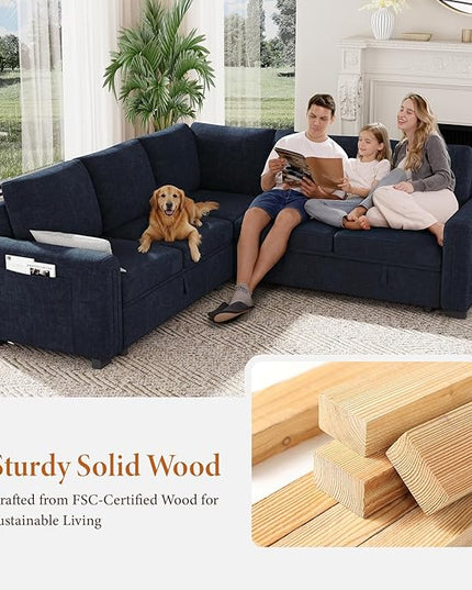 Vesgantti 88.4" Sleeper Sectional Couch with Pull Out Bed, 5 Seater L Shaped Modular Sectional Sofa with Storage, Comfy Chenille Modular Sofa for Living Room, Bedroom, Apartment, Blue