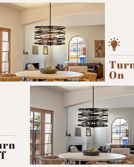 Farmhouse Chandelier,15" Drum Semi Flush Mount Chandelier Rustic Wood Grain Black Farmhouse Chandeliers for Dining Room Retro Metal Entryway Light Fixture Pendant Light for Foyer Kitchen Bedroom