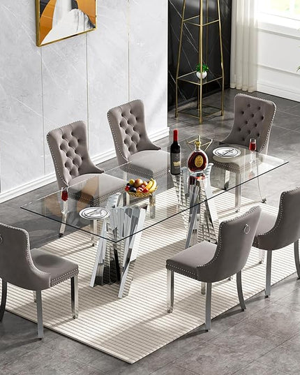7 Piece Dining Table Set with 6 Grey Dining Chairs, Modern Glass Kitchen Table and Chairs Set for 6, 70" Rectangle Silver Glass Pedestal Dining Room Tables with Flash-Shape Stainless Steel Base