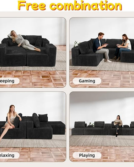 132" U Shaped Boneless Couch, Cloud Sectional Modular Sofa with Double Chaise Lounge, Corduroy Cloud Couch with Pillows & Deep Seat, Boneless Sofa for Living Room, Black