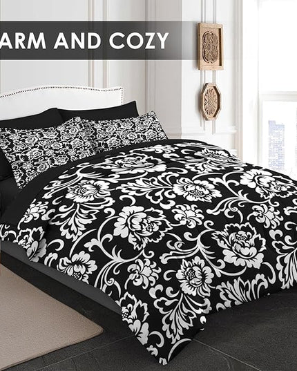 Comforter Set King Size, Vintage Floral Flower 7 Pcs Bedding for Kids and Adults, Leaf Plant Black Bed Sheet Sets with Fitted Sheet 2 Pillowcases & 2 Shams for Bedroom Bed Decor