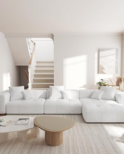 JACH 144.1 Inch L-Shaped Modular Sofas, Modern 3-Seater Couch with Chaise Ottoman, Mid Century Modern Sectional Couches, Cozy Sleeper Sofa for Apartment/Living Room (Linen Fabric, White)