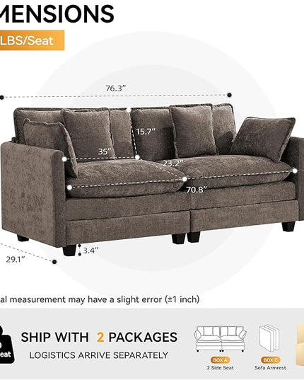 76'' Cloud Deep Seat Loveseat, Upholstered Chenille Modular 2-Seats Sectional Sofa Couch, Modern Comfy Settee Loveseat for Living Room Set, Small Apartment, Brown