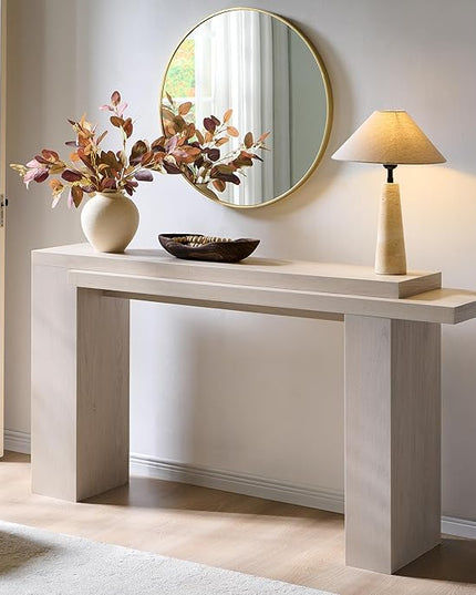OKD 63 Inch Modern Entryway Console Table, Solid Geometry Accent Sofa Table Behind The Couch, Narrow Console Table for Entryway, Hallway, Living Room, Foyer, White Alder