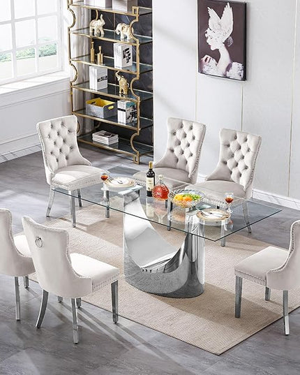 7 Piece Dining Table Set, Modern Glass Dining Table Set for 6 with Velvet Chairs, 70" Luxury Dining Table Chairs Set of 6, Kitchen Dining Room Sets for Dinner Dinette Breakfast Banquet, Beige+Silver