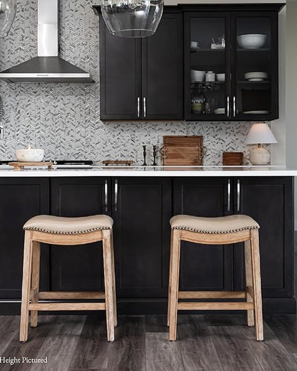 Maven Lane Adrien Backless Bar Stool – 31 Inch Saddle Seat with Footrest – Brown Solid Wood Frame & Beige Faux Leather Upholstery – Ideal for Bars, Pub Tables & Tall Kitchen Counters