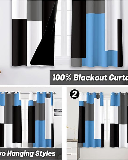 Light Blue 100% Blackout Curtains for Bedroom 45 inch Length 2 Panels Set Grey Modern Abstract Geometric Black Out Curtains Insulated Room Darkening Window Drapes for Living Room, 52Wx45L