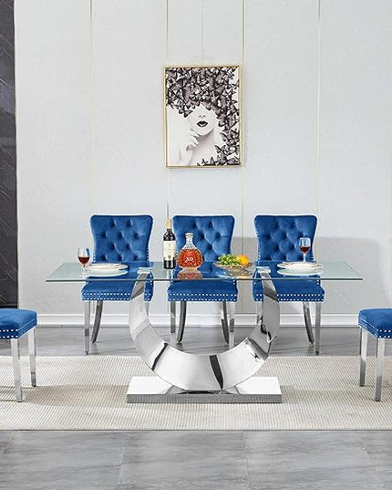 7 Piece Dining Table Set, Modern Glass Dining Table Set for 6, 70" Luxury Glass Table w/Silver Stainless Steel Base & 6 Blue Tufted Chairs, Kitchen Dining Room Sets for 6 for Breakfast Dinner Dinette