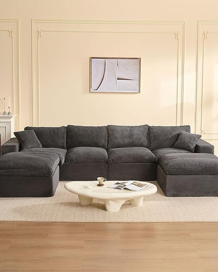 137.8” Sectional Couches for Living Room, Cloud Couch, Modular Sectional Sofa, Convertible Sofas Bed, Deep Seat Sofa, U Shaped Cozy Sofa Furniture Set, Corduroy, Gray