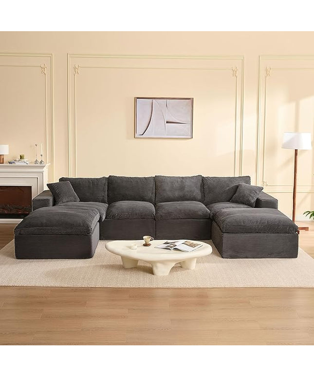 137.8” Sectional Couches for Living Room, Cloud Couch, Modular Sectional Sofa, Convertible Sofas Bed, Deep Seat Sofa, U Shaped Cozy Sofa Furniture Set, Corduroy, Gray